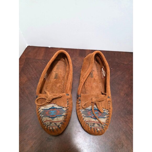 Minnetonka Brown Suede Moccasins Southwestern Patterned Toe Design  Size 7 - Picture 2 of 9